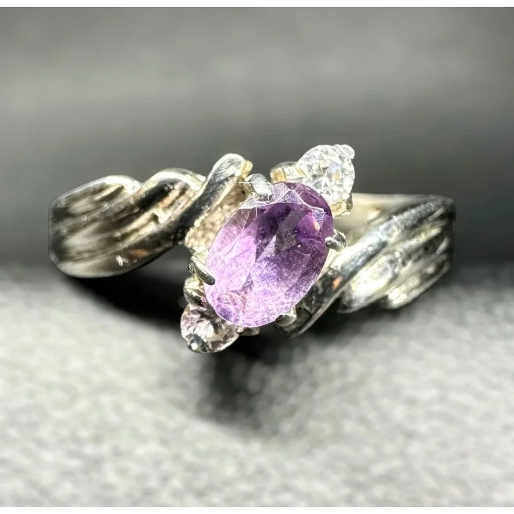 Sterling Silver 925‎ Bypass Ring Oval Purple Gemstone Size 8.75 Swirl Band